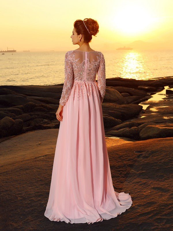 NumberSea - A - Line/Princess Bateau Beading Long Sleeves Long Chiffon Dresses