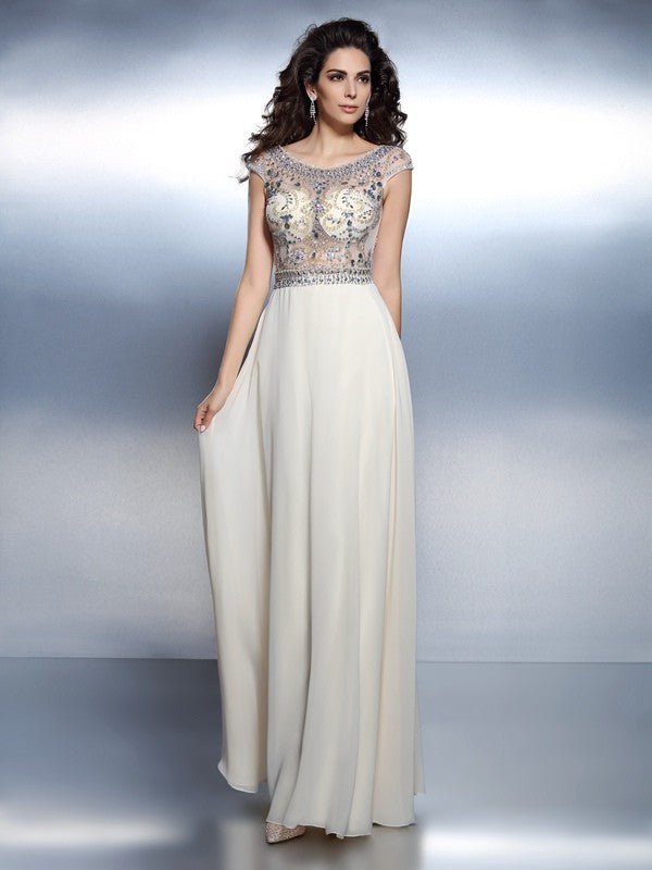 NumberSea - A - Line/Princess Bateau Beading Short Sleeves Long Chiffon Dresses