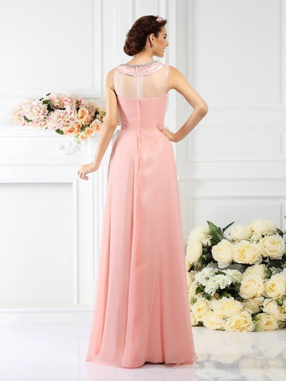 NumberSea - A - Line/Princess Bateau Beading Sleeveless Long Chiffon Bridesmaid Dresses