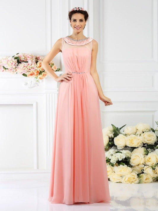 NumberSea - A - Line/Princess Bateau Beading Sleeveless Long Chiffon Bridesmaid Dresses