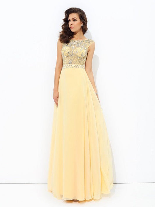 NumberSea - A - line/Princess Bateau Beading Sleeveless Long Chiffon Dresses