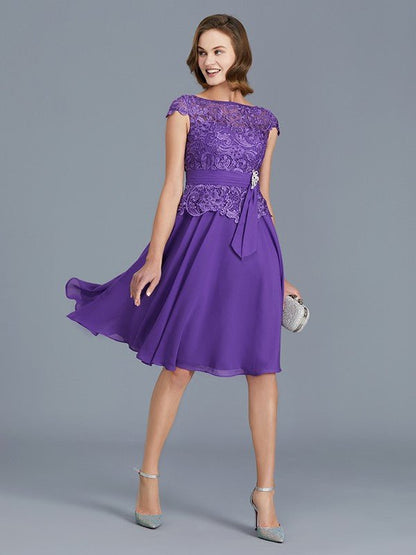 NumberSea - A - Line/Princess Bateau Chiffon Knee - Length Beading Sleeveless Mother of the Bride Dresses