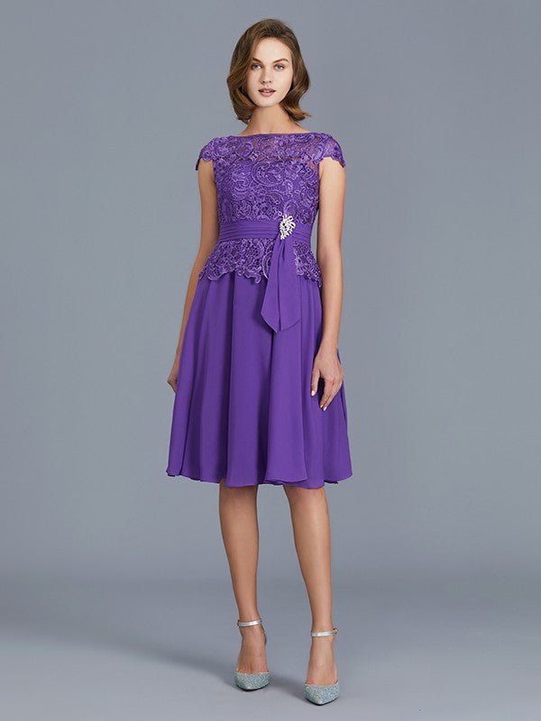 NumberSea - A - Line/Princess Bateau Chiffon Knee - Length Beading Sleeveless Mother of the Bride Dresses