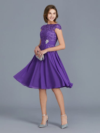 NumberSea - A - Line/Princess Bateau Chiffon Knee - Length Beading Sleeveless Mother of the Bride Dresses