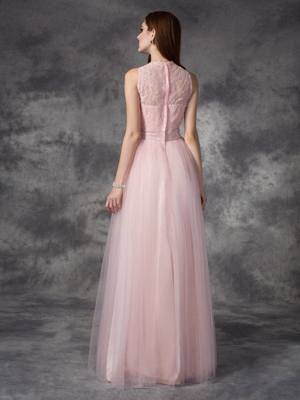 NumberSea - A - line/Princess Bateau Hand - Made Flower Sleeveless Long Net Dresses