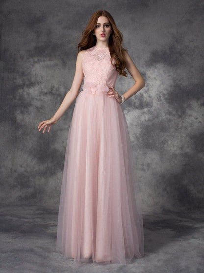 NumberSea - A - line/Princess Bateau Hand - Made Flower Sleeveless Long Net Dresses