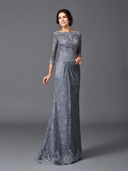 NumberSea - A - Line/Princess Bateau Lace 3/4 Sleeves Long Net Mother of the Bride Dresses