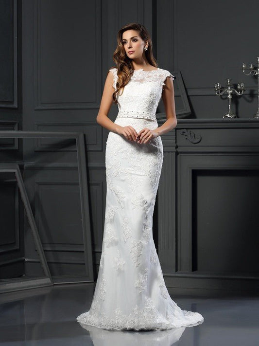 NumberSea - A - Line/Princess Bateau Lace Sleeveless Long Satin Wedding Dresses