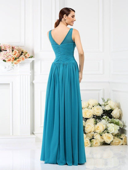 NumberSea - A - Line/Princess Bateau Pleats Sleeveless Long Chiffon Bridesmaid Dresses