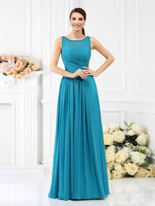 NumberSea - A - Line/Princess Bateau Pleats Sleeveless Long Chiffon Bridesmaid Dresses