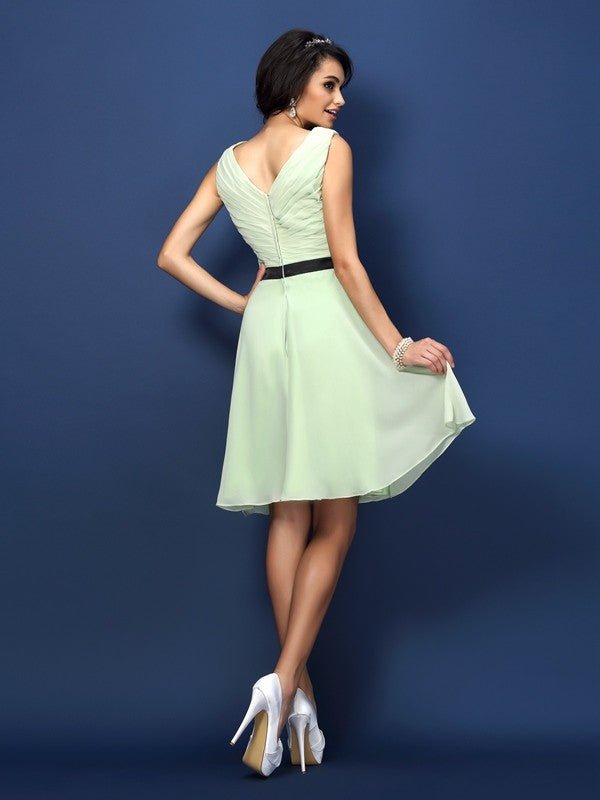 NumberSea - A - Line/Princess Bateau Pleats Sleeveless Short Chiffon Bridesmaid Dresses