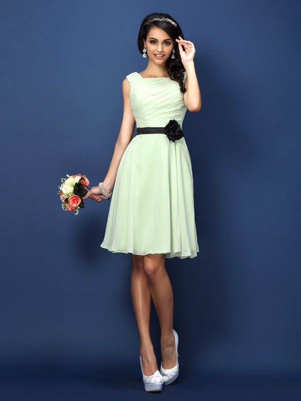 NumberSea - A - Line/Princess Bateau Pleats Sleeveless Short Chiffon Bridesmaid Dresses