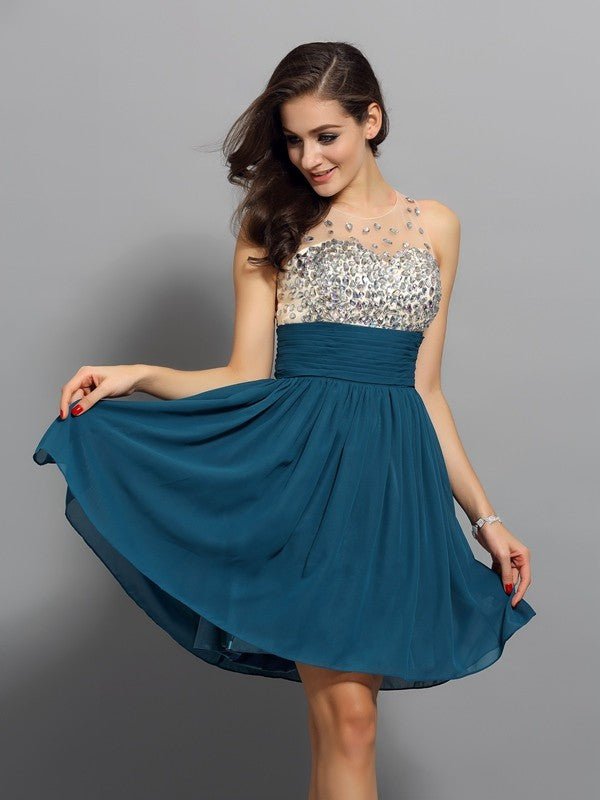 NumberSea - A - Line/Princess Bateau Rhinestone Sleeveless Short Chiffon Cocktail Dresses