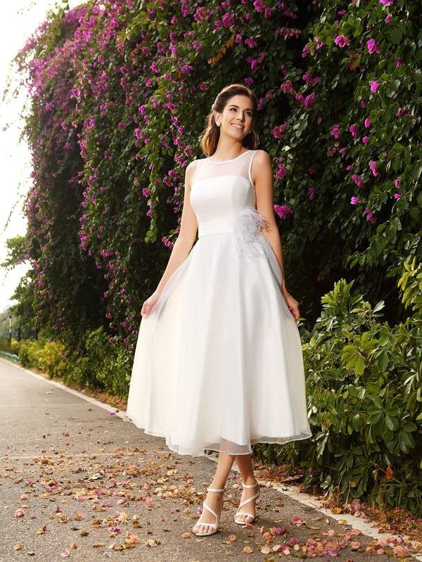 NumberSea - A - Line/Princess Bateau Sash/Ribbon/Belt Sleeveless Long Satin Wedding Dresses