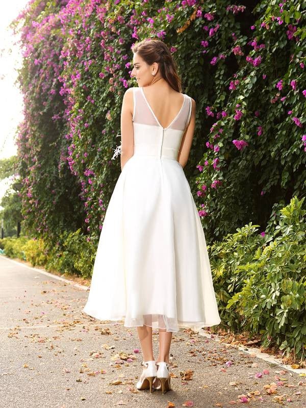 NumberSea - A - Line/Princess Bateau Sash/Ribbon/Belt Sleeveless Long Satin Wedding Dresses