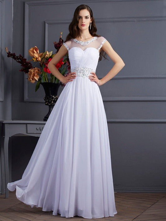 NumberSea - A - Line/Princess Bateau Short Sleeves Beading Long Chiffon Dresses