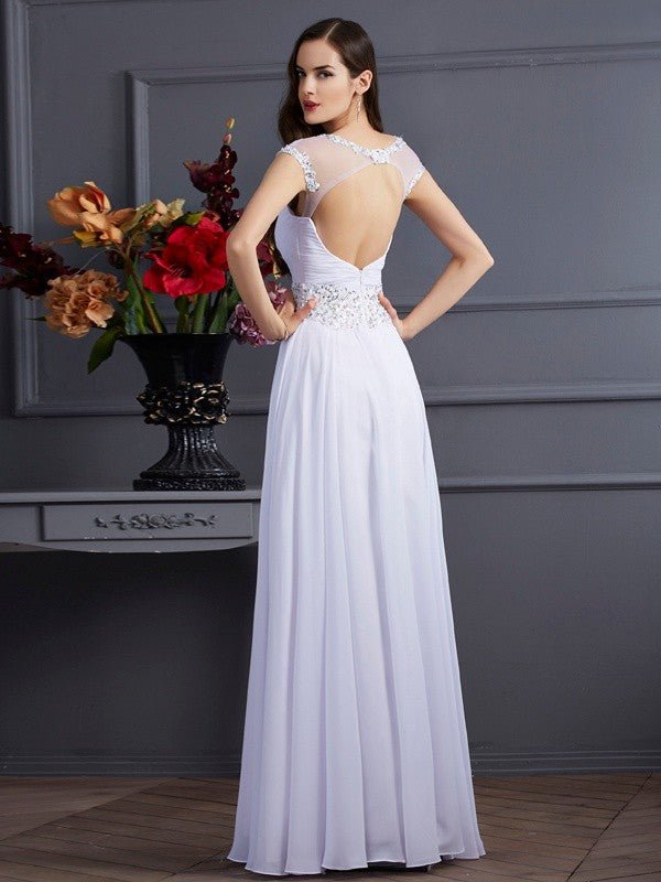 NumberSea - A - Line/Princess Bateau Short Sleeves Beading Long Chiffon Dresses