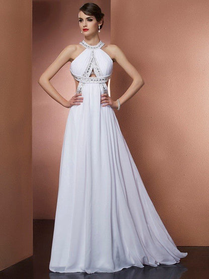 NumberSea - A - Line/Princess Bateau Sleeveless Beading Long Chiffon Dresses