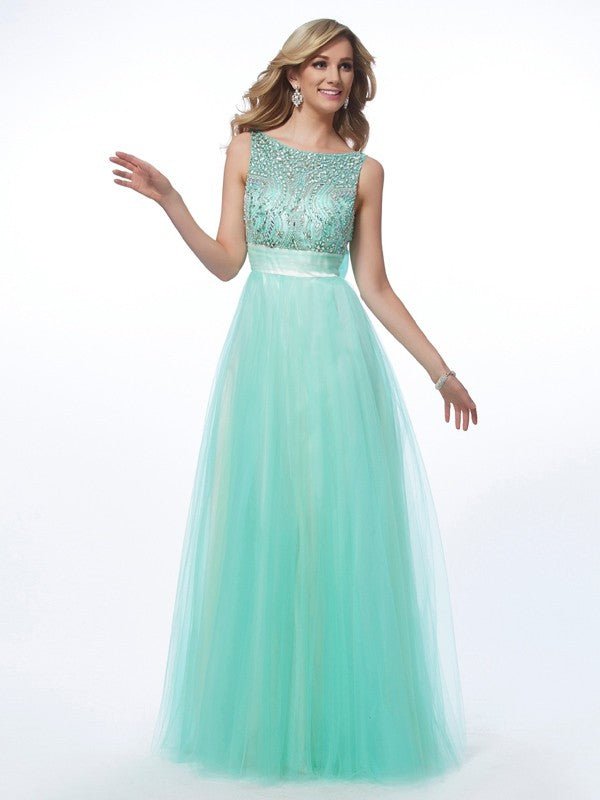 NumberSea - A - Line/Princess Bateau Sleeveless Beading Long Net Dresses