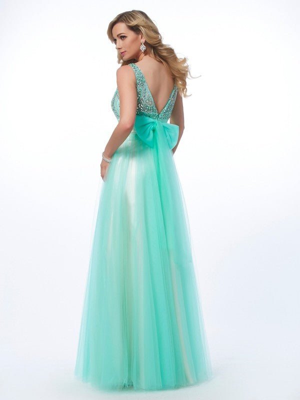 NumberSea - A - Line/Princess Bateau Sleeveless Beading Long Net Dresses