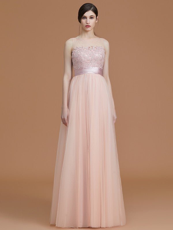 NumberSea - A - Line/Princess Bateau Sleeveless Floor - Length Applique Tulle Bridesmaid Dresses