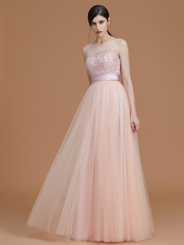 NumberSea - A - Line/Princess Bateau Sleeveless Floor - Length Applique Tulle Bridesmaid Dresses