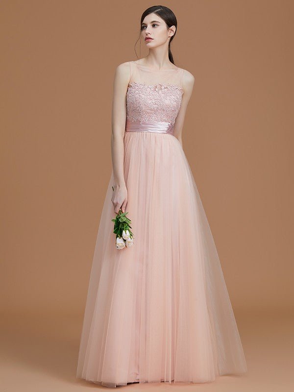 NumberSea - A - Line/Princess Bateau Sleeveless Floor - Length Applique Tulle Bridesmaid Dresses