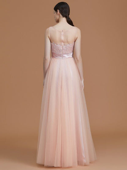 NumberSea - A - Line/Princess Bateau Sleeveless Floor - Length Applique Tulle Bridesmaid Dresses