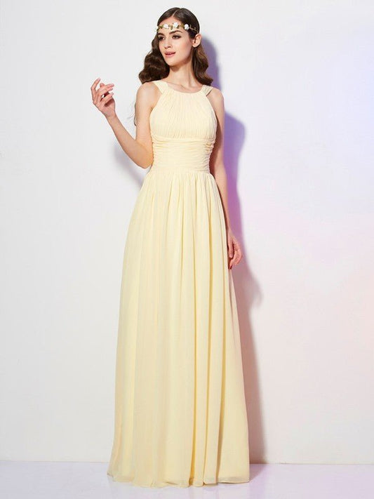 NumberSea - A - Line/Princess Bateau Sleeveless Pleats Long Chiffon Bridesmaid Dresses