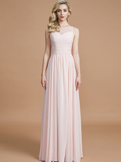 NumberSea - A - Line/Princess Bateau Sleeveless Ruched Floor - Length Chiffon Bridesmaid Dresses