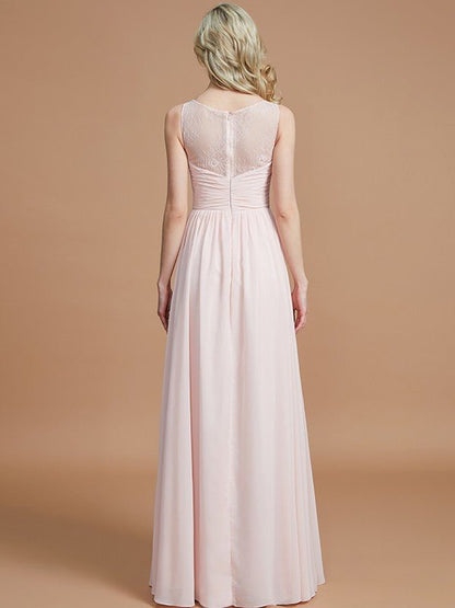 NumberSea - A - Line/Princess Bateau Sleeveless Ruched Floor - Length Chiffon Bridesmaid Dresses