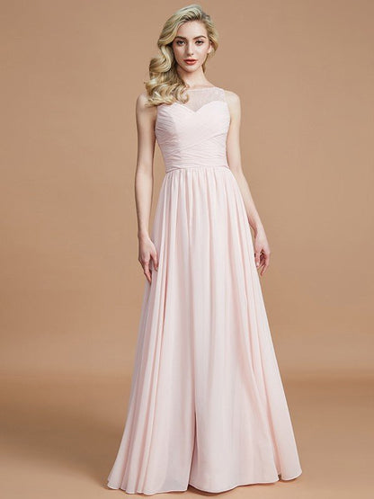 NumberSea - A - Line/Princess Bateau Sleeveless Ruched Floor - Length Chiffon Bridesmaid Dresses