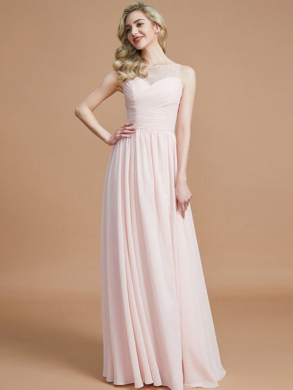 NumberSea - A - Line/Princess Bateau Sleeveless Ruched Floor - Length Chiffon Bridesmaid Dresses