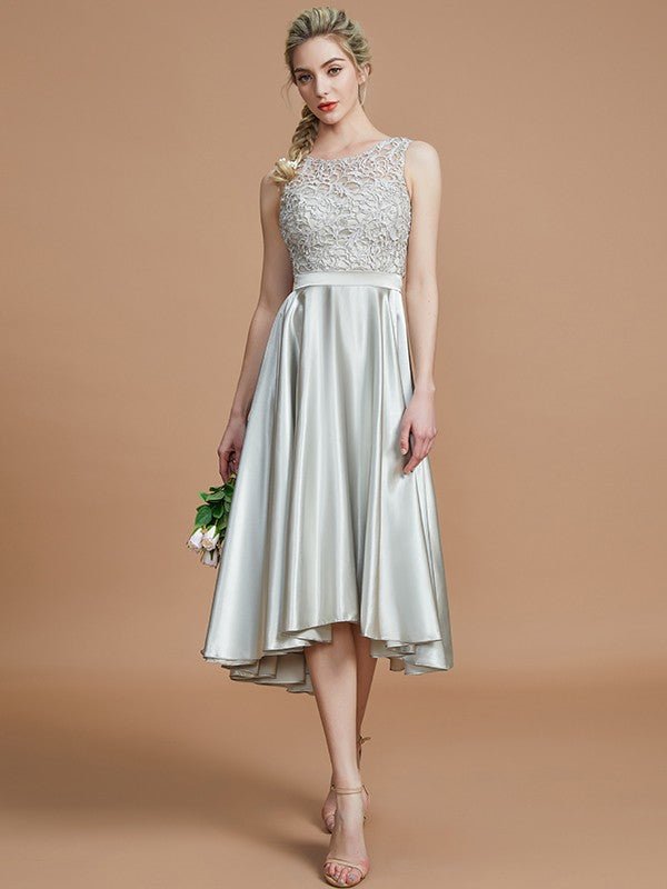 NumberSea - A - Line/Princess Bateau Sleeveless Ruffles Asymmetrical Silk like Satin Bridesmaid Dresses