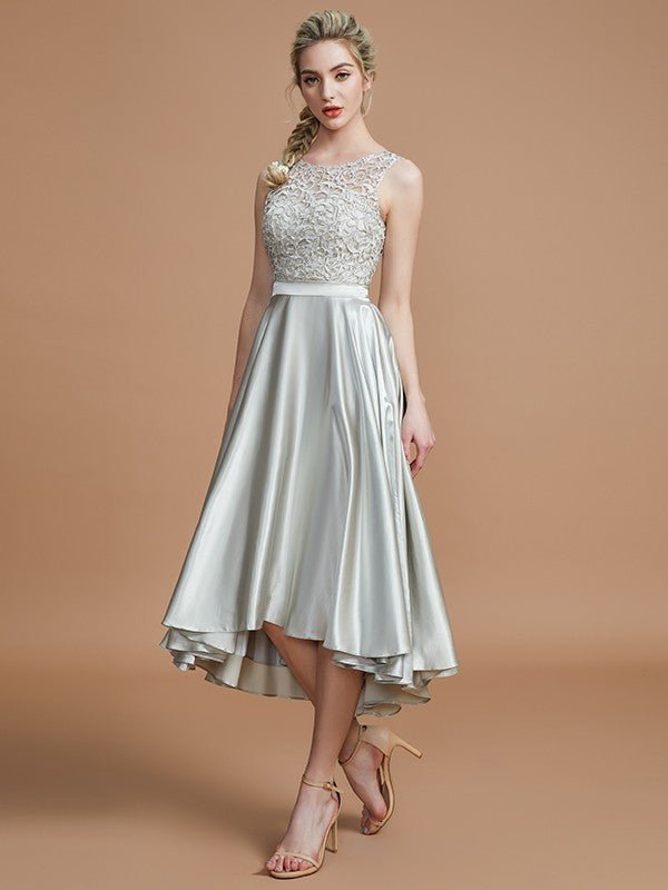 NumberSea - A - Line/Princess Bateau Sleeveless Ruffles Asymmetrical Silk like Satin Bridesmaid Dresses