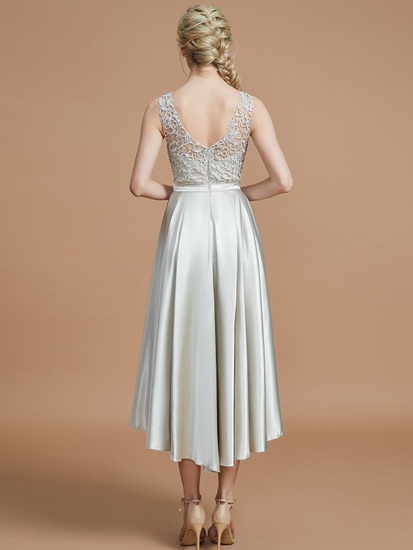 NumberSea - A - Line/Princess Bateau Sleeveless Ruffles Asymmetrical Silk like Satin Bridesmaid Dresses