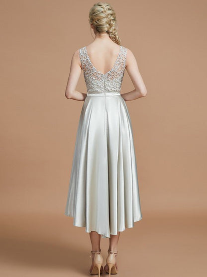 NumberSea - A - Line/Princess Bateau Sleeveless Ruffles Asymmetrical Silk like Satin Bridesmaid Dresses