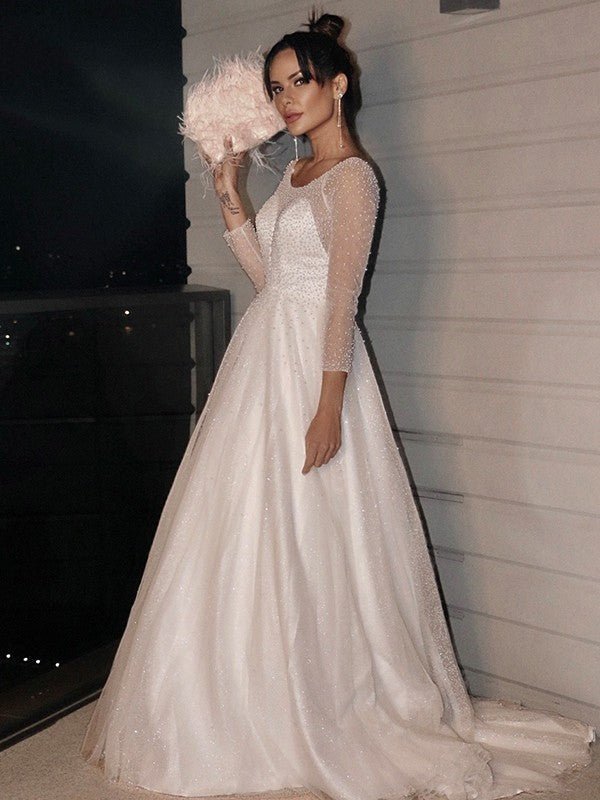 NumberSea - A - Line/Princess Beading Scoop Tulle Long Sleeves Sweep/Brush Train Wedding Dresses