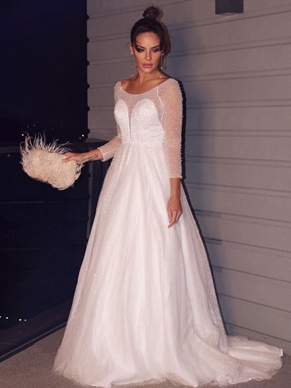 NumberSea - A - Line/Princess Beading Scoop Tulle Long Sleeves Sweep/Brush Train Wedding Dresses