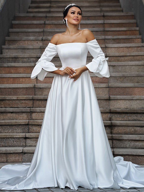 NumberSea - A - Line/Princess Charmeuse Ruffles Off - the - Shoulder 3/4 Sleeves Sweep/Brush Train Wedding Dresses