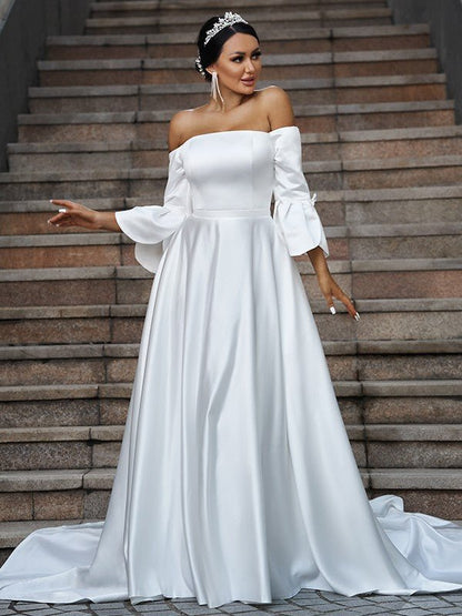 NumberSea - A - Line/Princess Charmeuse Ruffles Off - the - Shoulder 3/4 Sleeves Sweep/Brush Train Wedding Dresses