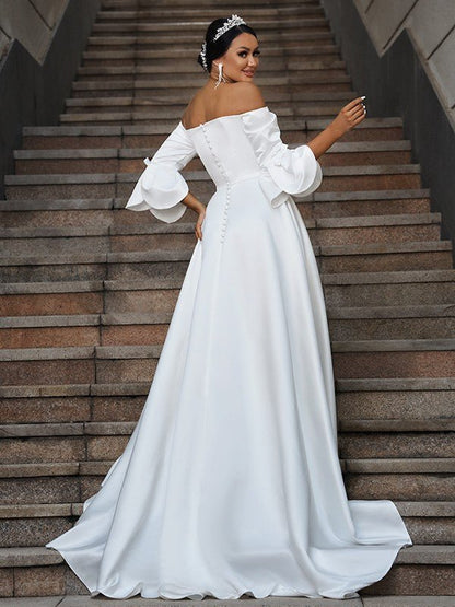 NumberSea - A - Line/Princess Charmeuse Ruffles Off - the - Shoulder 3/4 Sleeves Sweep/Brush Train Wedding Dresses