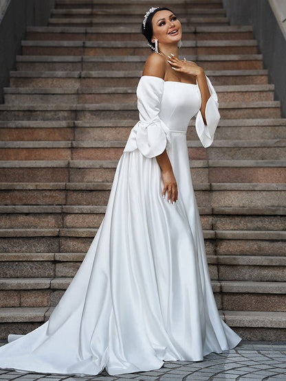 NumberSea - A - Line/Princess Charmeuse Ruffles Off - the - Shoulder 3/4 Sleeves Sweep/Brush Train Wedding Dresses