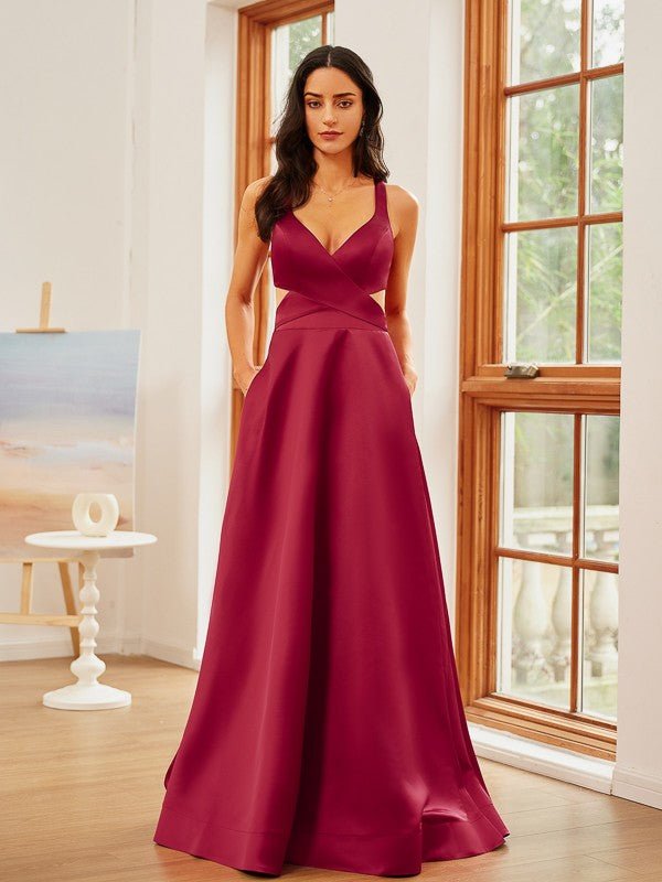 NumberSea - A - Line/Princess Charmeuse Ruffles V - neck Sleeveless Floor - Length Dresses