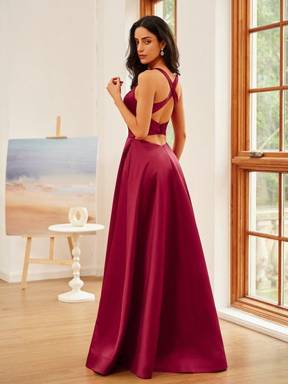 NumberSea - A - Line/Princess Charmeuse Ruffles V - neck Sleeveless Floor - Length Dresses