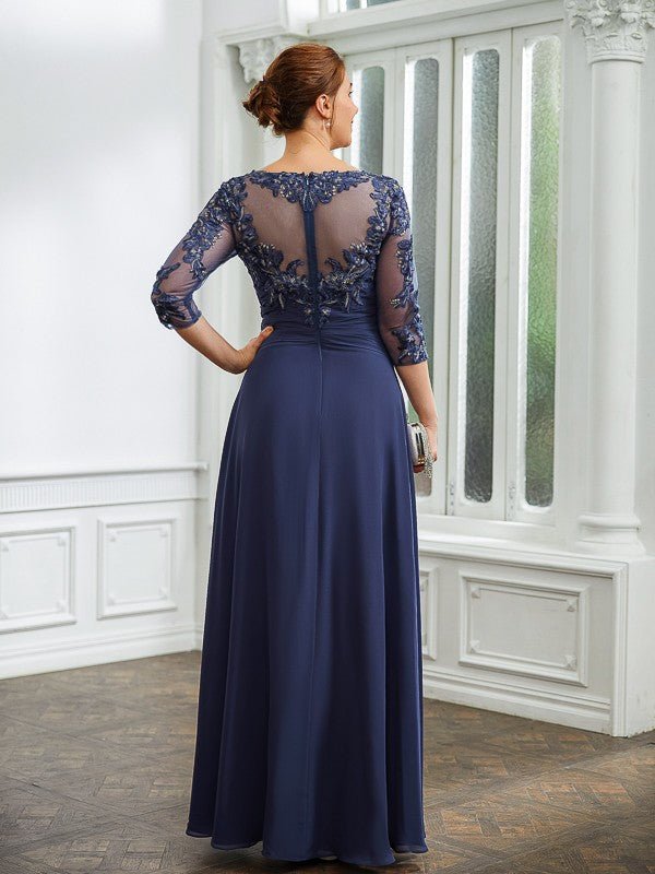 NumberSea - A - Line/Princess Chiffon Applique Bateau 3/4 Sleeves Floor - Length Mother of the Bride Dresses