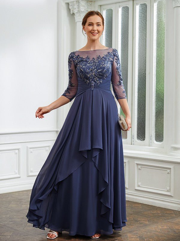 NumberSea - A - Line/Princess Chiffon Applique Bateau 3/4 Sleeves Floor - Length Mother of the Bride Dresses