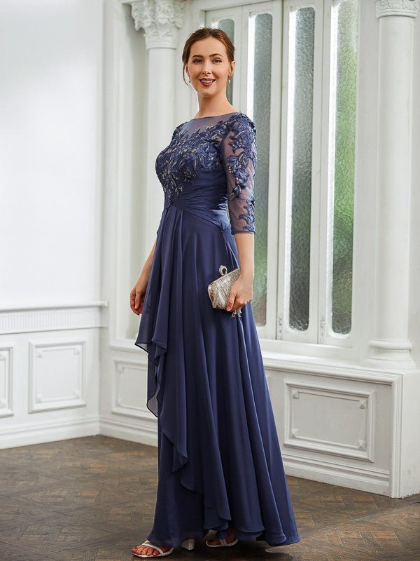 NumberSea - A - Line/Princess Chiffon Applique Bateau 3/4 Sleeves Floor - Length Mother of the Bride Dresses