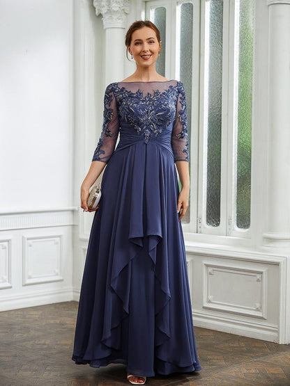 NumberSea - A - Line/Princess Chiffon Applique Bateau 3/4 Sleeves Floor - Length Mother of the Bride Dresses