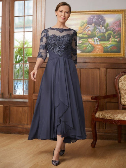 NumberSea - A - Line/Princess Chiffon Applique Scoop 3/4 Sleeves Asymmetrical Mother of the Bride Dresses